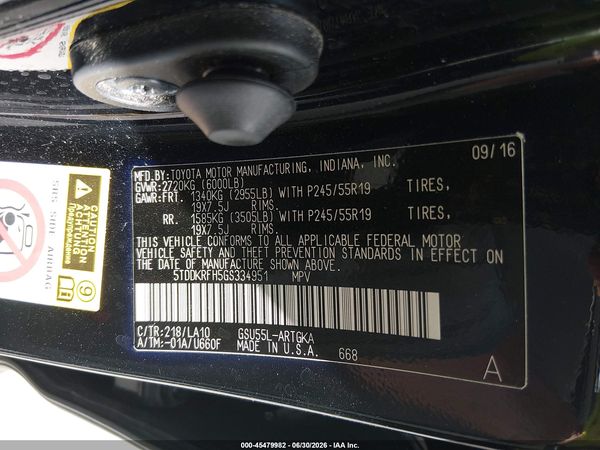 2016 TOYOTA HIGHLANDER LIMITED V6