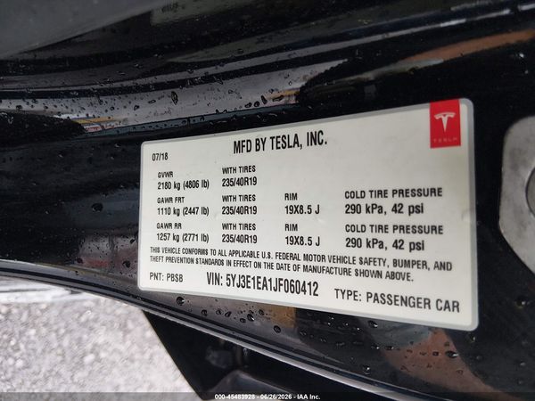 2018 TESLA MODEL 3 LONG RANGE/MID RANGE