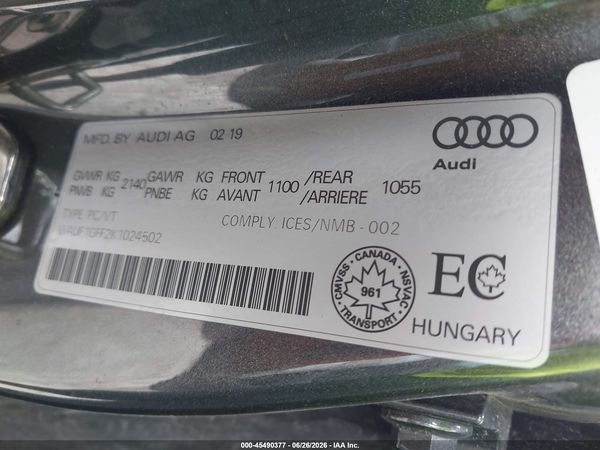 2019 AUDI S3 2.0T PREMIUM PLUS