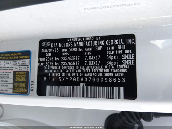 2016 KIA SORENTO 2.4L LX