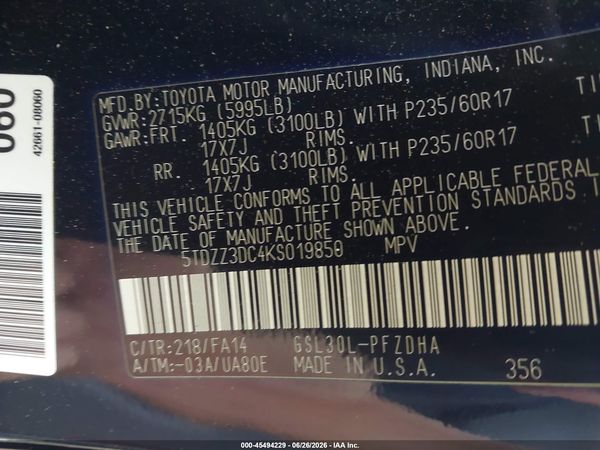 2019 TOYOTA SIENNA L 7 PASSENGER