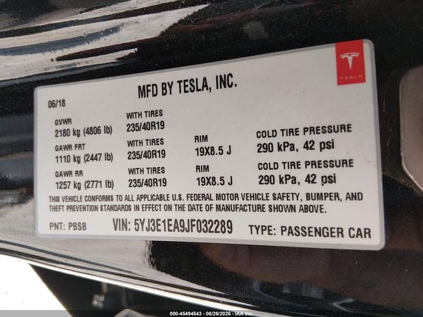 2018 TESLA MODEL 3 LONG RANGE/MID RANGE