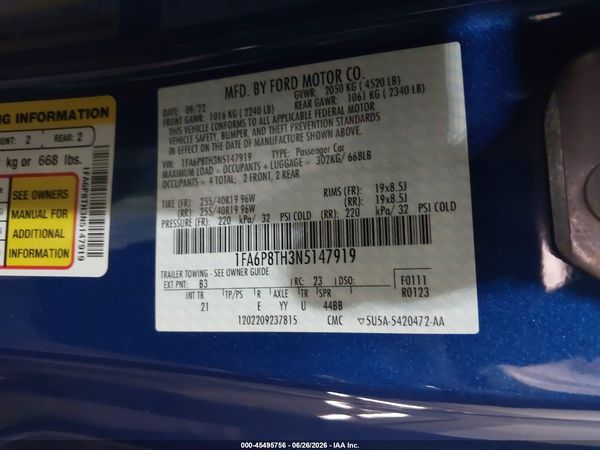 2022 FORD MUSTANG ECOBOOST FASTBACK