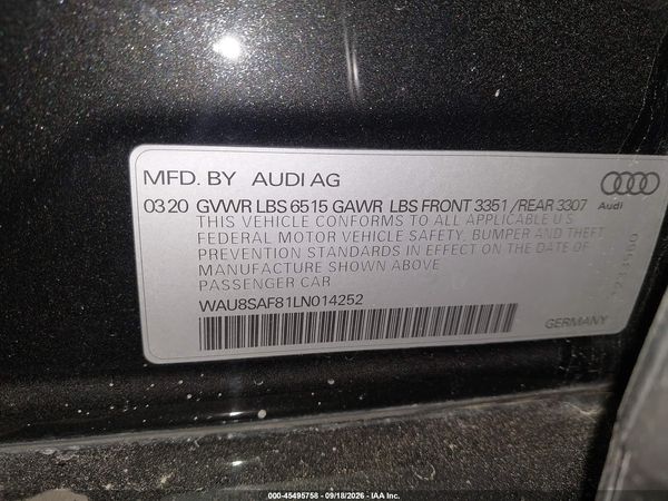 2020 AUDI S8 TFSI QUATTRO TIPTRONIC — I9