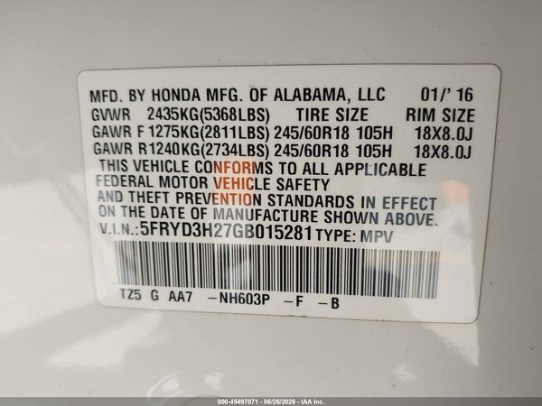 2016 ACURA MDX ACURAWATCH PLUS PACKAGE
