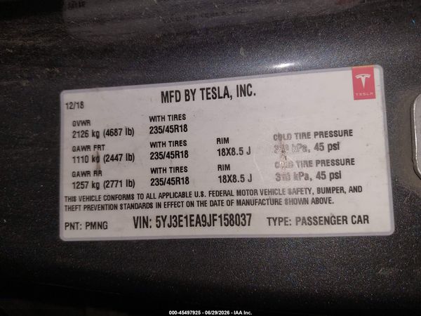 2018 TESLA MODEL 3 LONG RANGE/MID RANGE