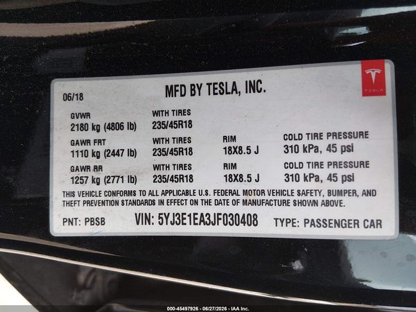 2018 TESLA MODEL 3 LONG RANGE/MID RANGE
