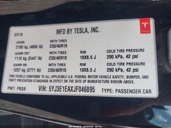 2018 TESLA MODEL 3 LONG RANGE/MID RANGE