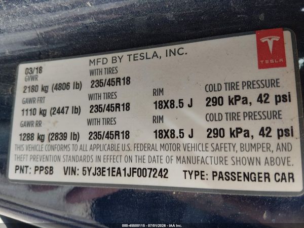 2018 TESLA MODEL 3 LONG RANGE/MID RANGE