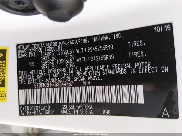 2016 TOYOTA HIGHLANDER LIMITED V6