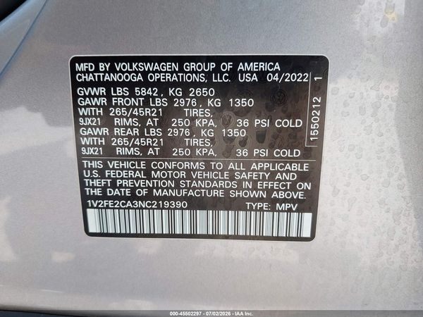 2022 VOLKSWAGEN ATLAS CROSS SPORT — I9