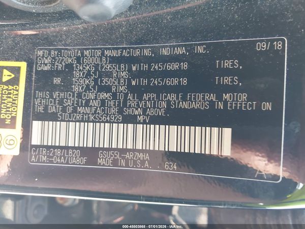 2019 TOYOTA HIGHLANDER XLE