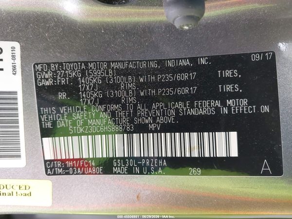 2017 TOYOTA SIENNA LE 8 PASSENGER