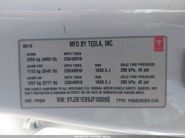 2018 TESLA MODEL 3 LONG RANGE/PERFORMANCE