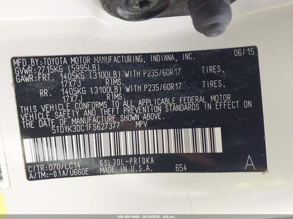 2015 TOYOTA SIENNA XLE 8 PASSENGER