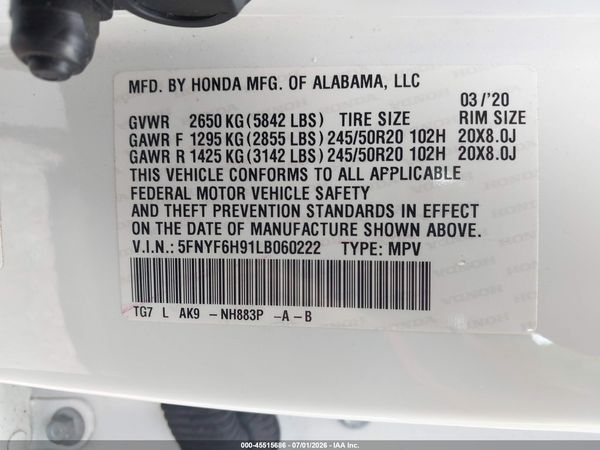 2020 HONDA PILOT AWD TOURING 8 PASSENGER