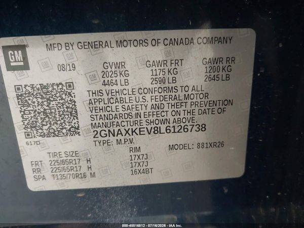 2020 CHEVROLET EQUINOX FWD LT 1.5L TURBO — I9