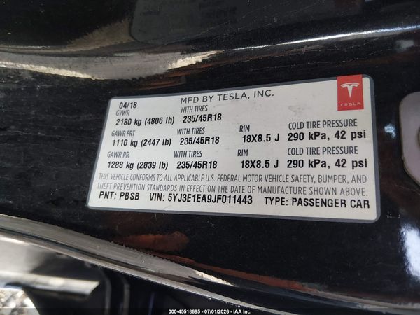2018 TESLA MODEL 3 LONG RANGE/MID RANGE
