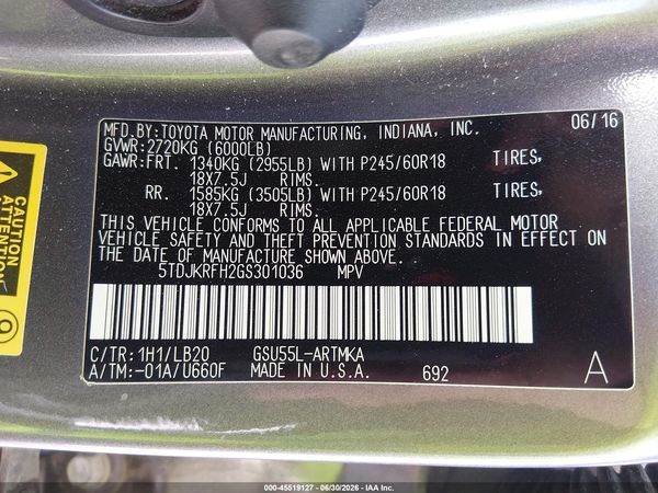 2016 TOYOTA HIGHLANDER XLE V6