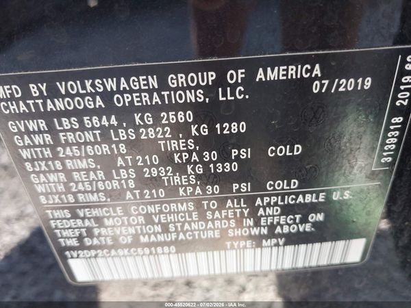 2019 VOLKSWAGEN ATLAS 2.0T SE — I9