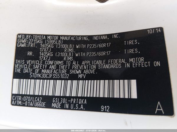 2015 TOYOTA SIENNA XLE PREMIUM 8 PASSENGER