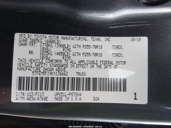 2019 TOYOTA TUNDRA SR5 4.6L V8
