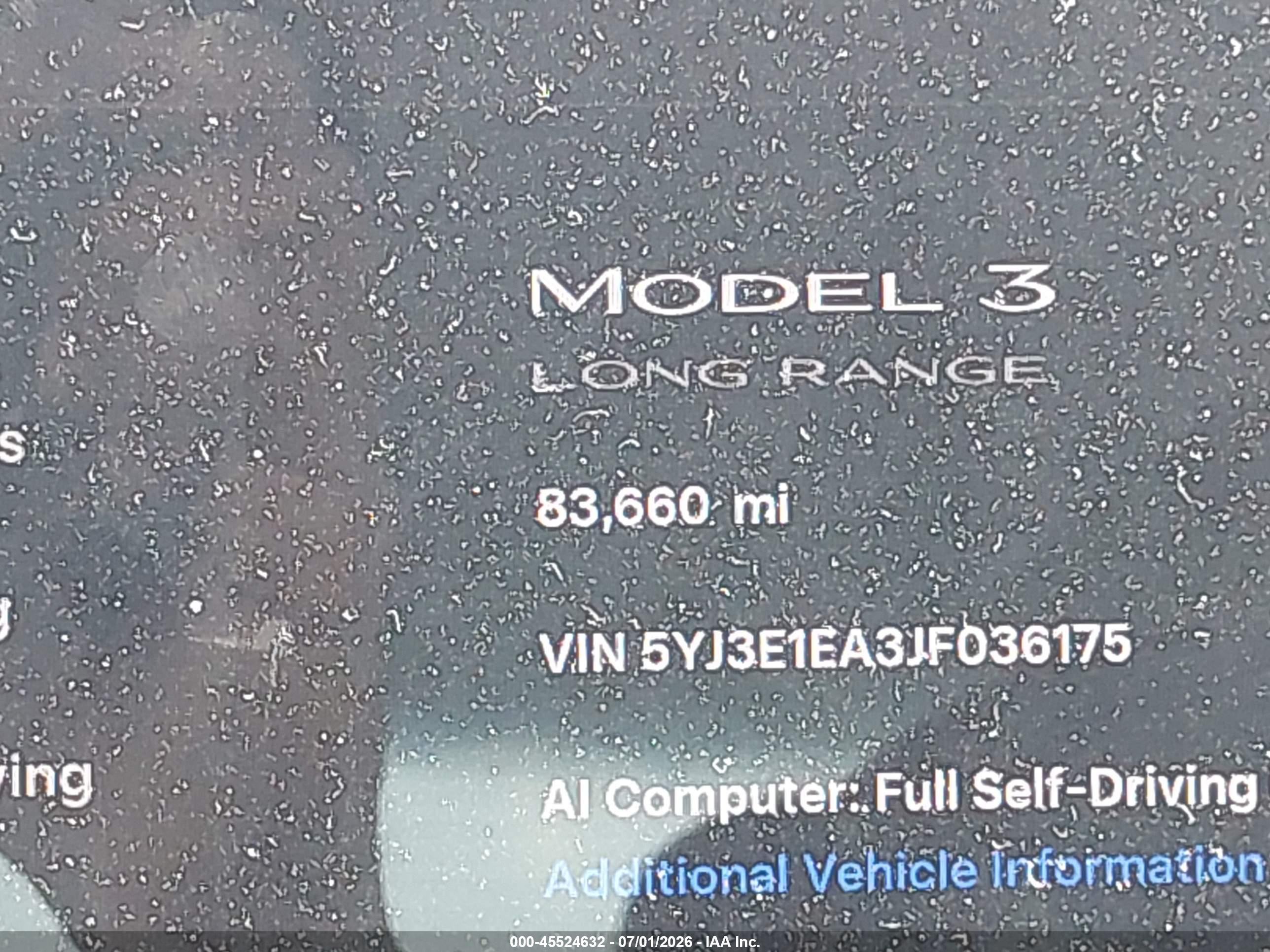2018 TESLA MODEL 3 LONG RANGE/MID RANGE