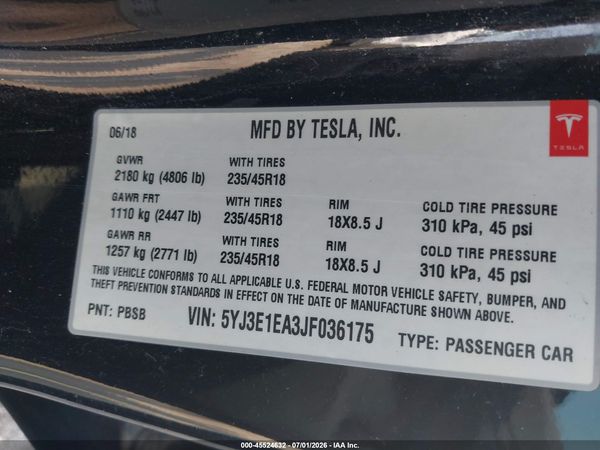 2018 TESLA MODEL 3 LONG RANGE/MID RANGE