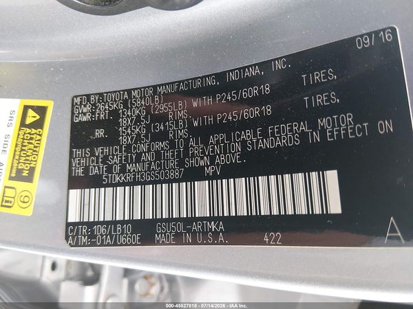 2016 TOYOTA HIGHLANDER XLE V6