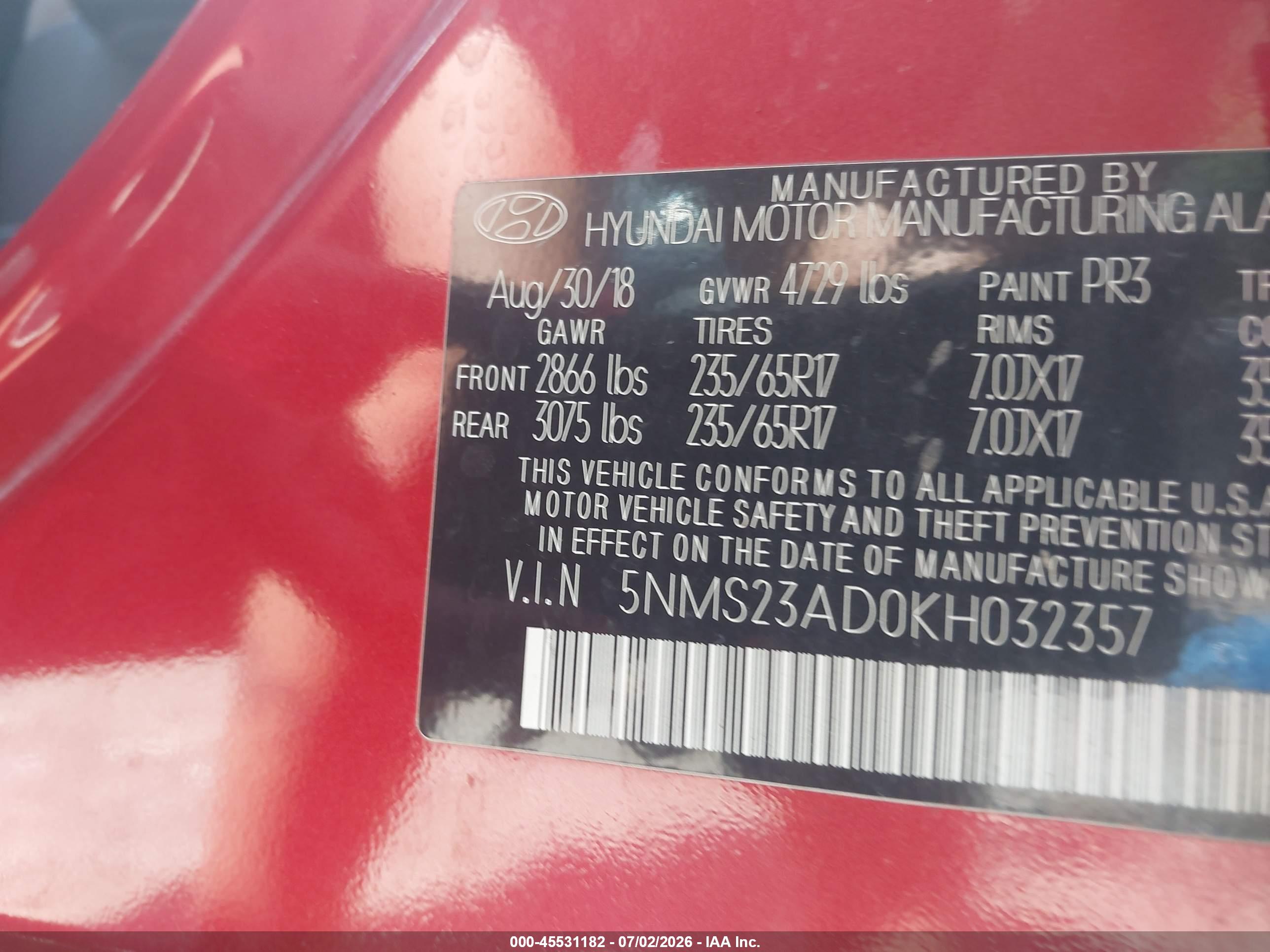 2019 HYUNDAI SANTA FE SE