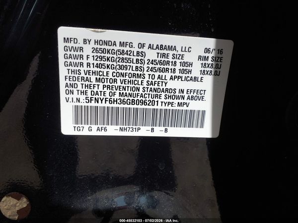 2016 HONDA PILOT EX