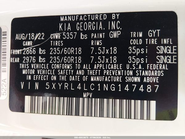 2022 KIA SORENTO S