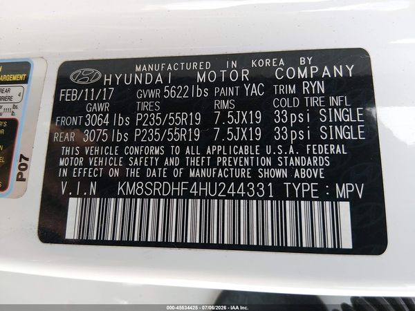 2017 HYUNDAI SANTA FE LIMITED ULTIMATE