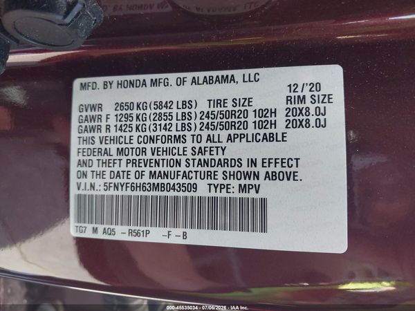 2021 HONDA PILOT AWD TOURING 7 PASSENGER