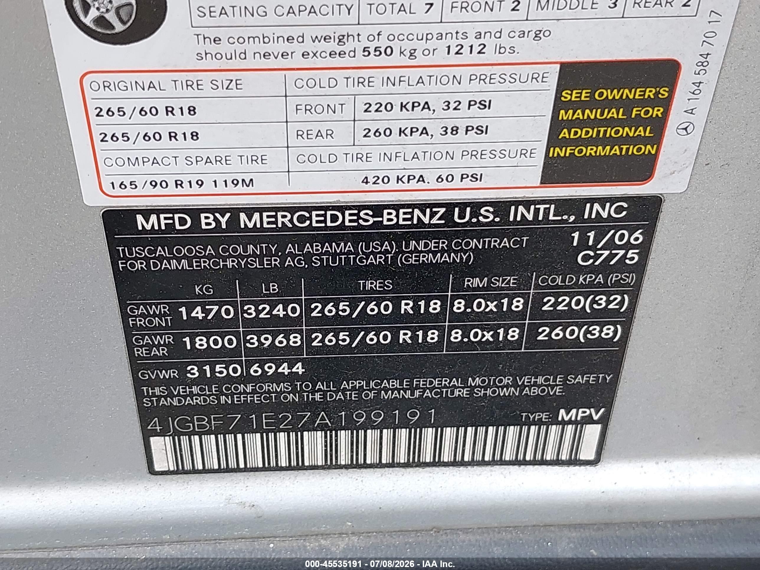 2007 MERCEDES-BENZ GL 450 GL450 4-MATIC