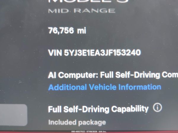 2018 TESLA MODEL 3 LONG RANGE/MID RANGE