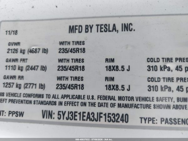 2018 TESLA MODEL 3 LONG RANGE/MID RANGE