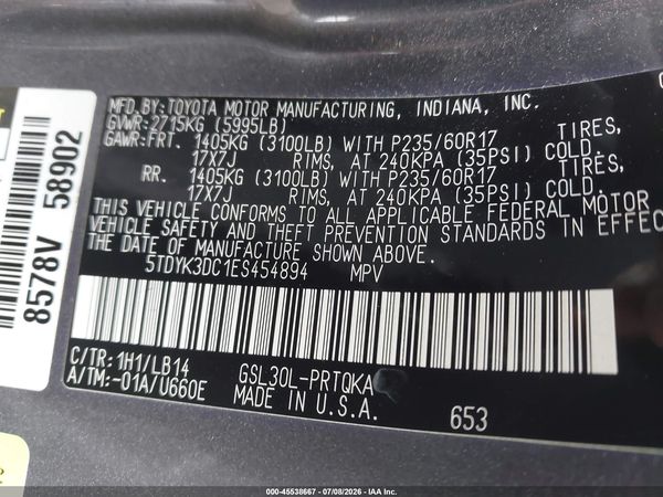 2014 TOYOTA SIENNA XLE V6 8 PASSENGER