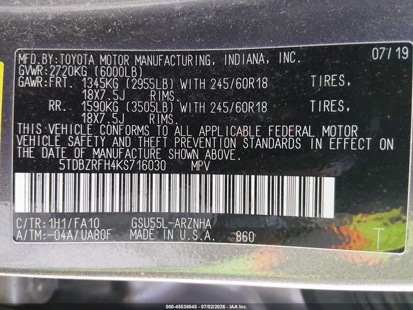 2019 TOYOTA HIGHLANDER LE PLUS