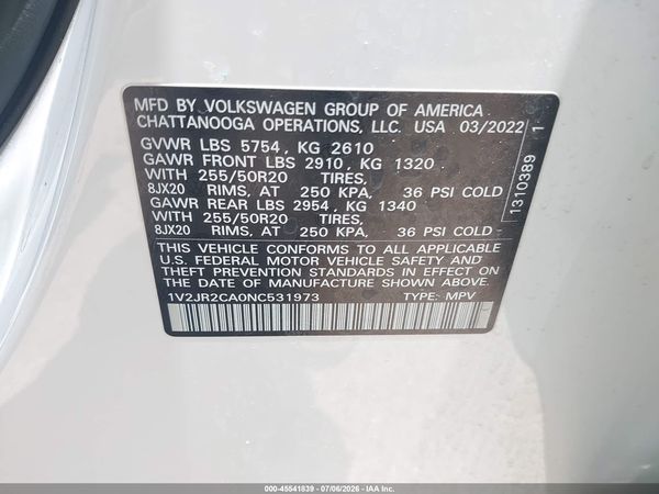 2022 VOLKSWAGEN ATLAS 3.6L V6 SE W/TECHNOLOGY — I9