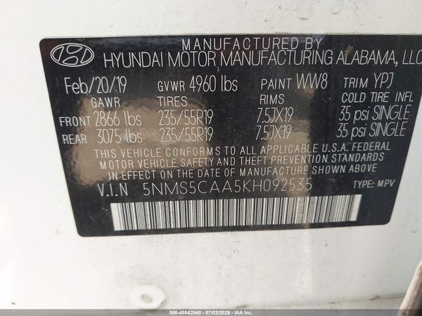 2019 HYUNDAI SANTA FE ULTIMATE 2.0T