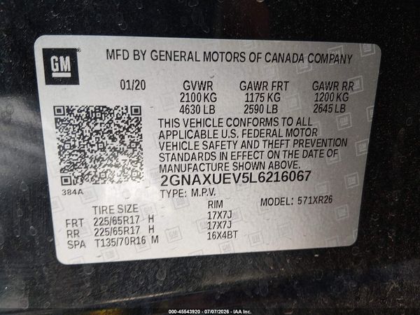 2020 CHEVROLET EQUINOX AWD LT 1.5L TURBO — I9