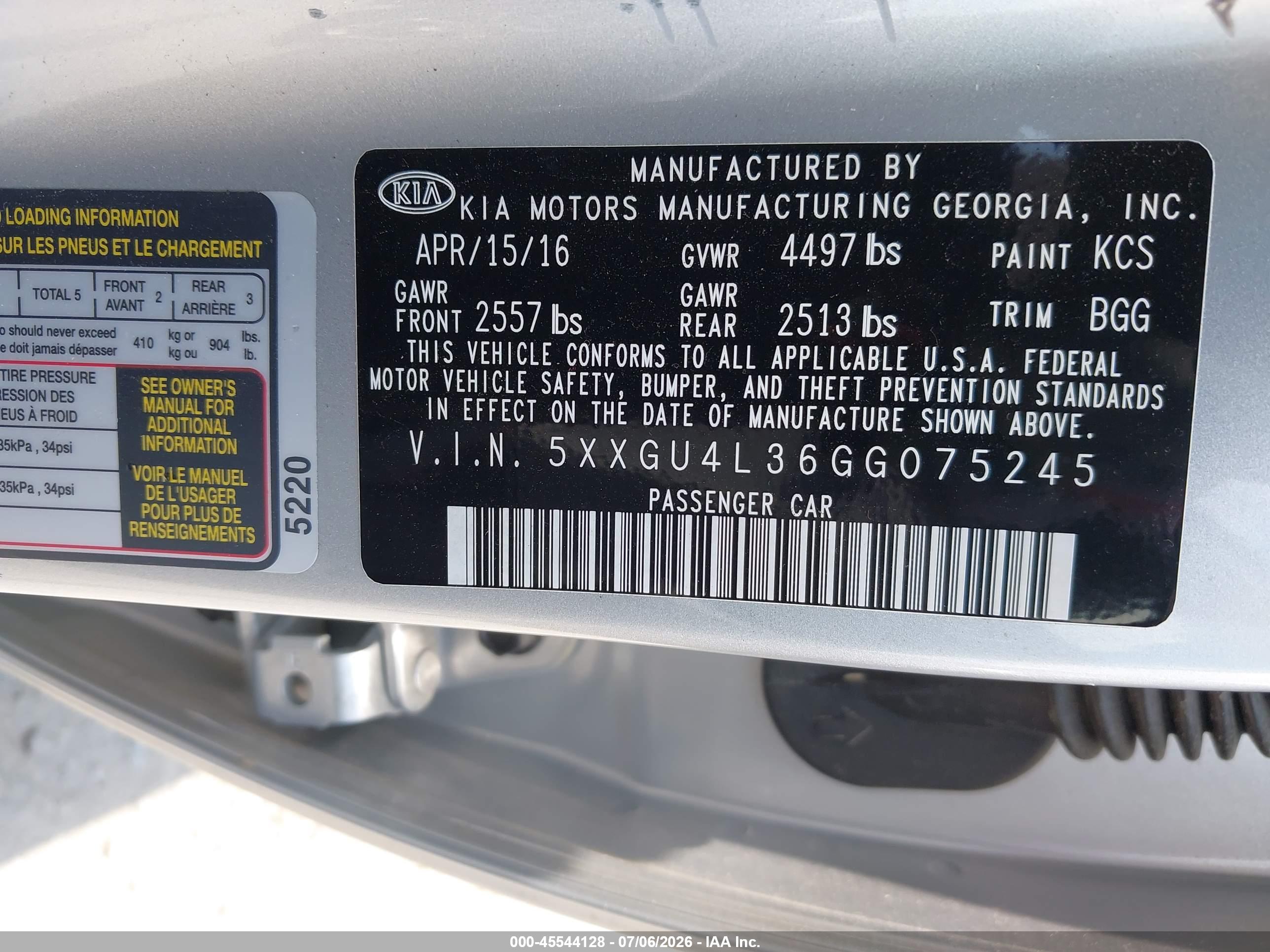2016 KIA OPTIMA GLS, JSL