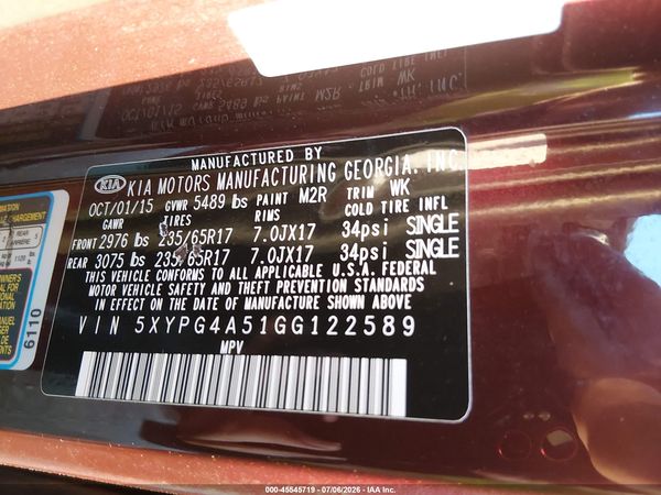 2016 KIA SORENTO 3.3L LX
