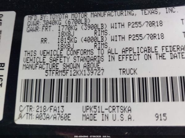 2019 TOYOTA TUNDRA SR 4.6L V8