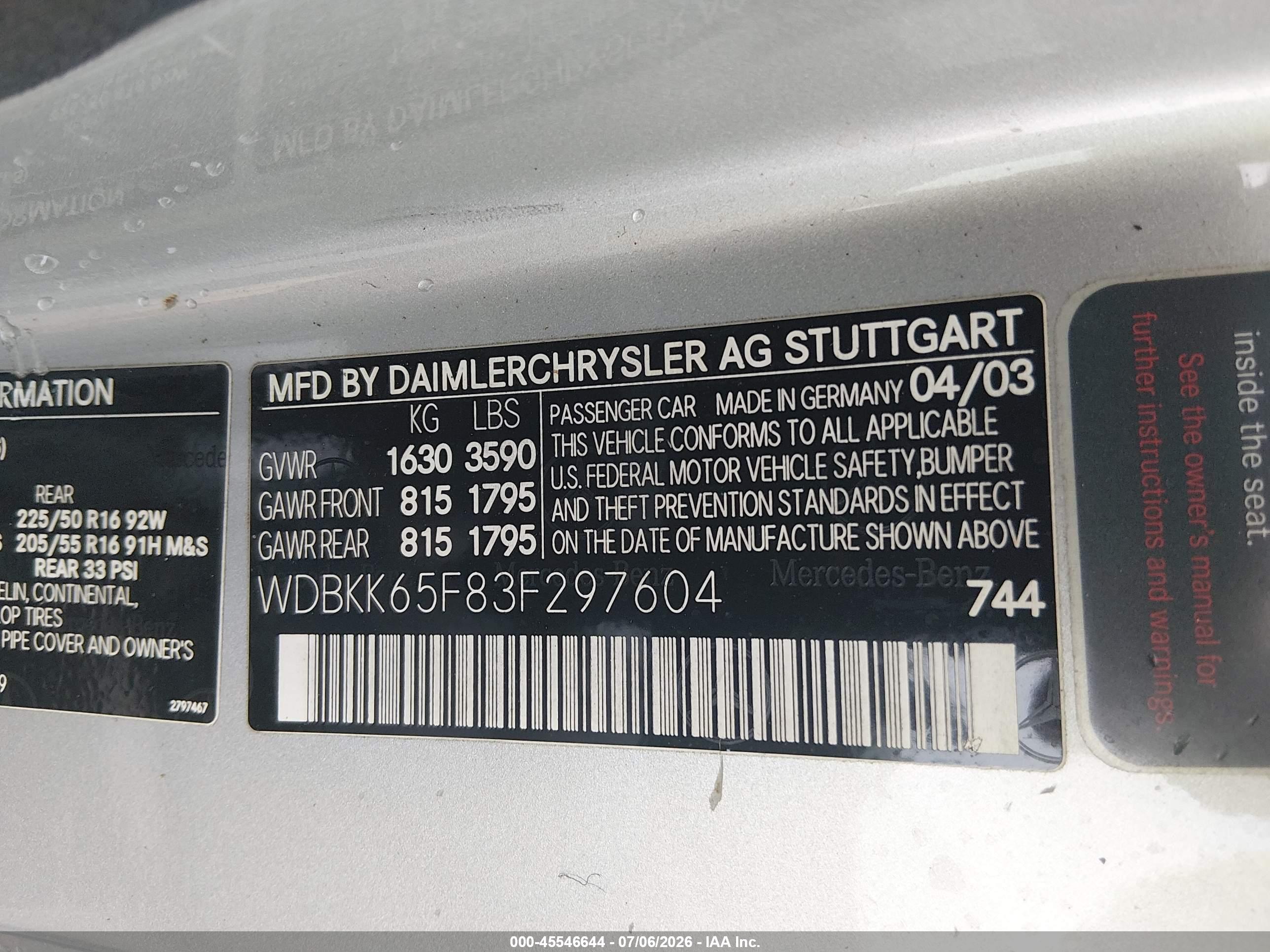 2003 MERCEDES-BENZ SLK 320 SLK320
