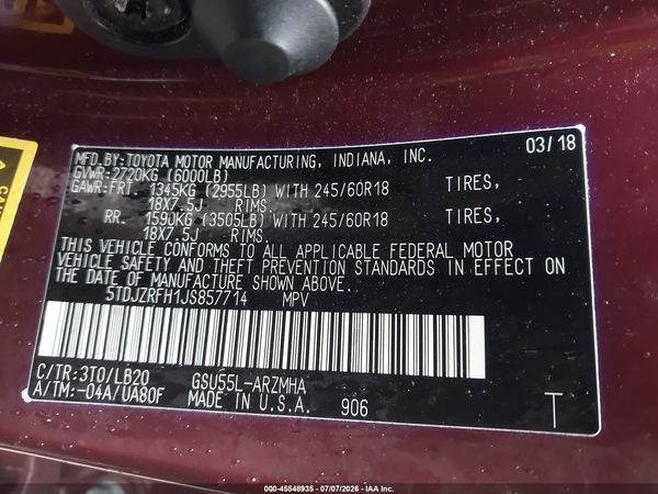 2018 TOYOTA HIGHLANDER XLE