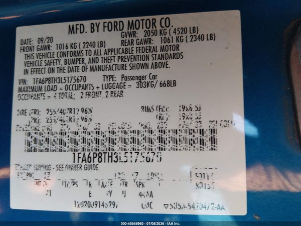 2020 FORD MUSTANG ECOBOOST FASTBACK