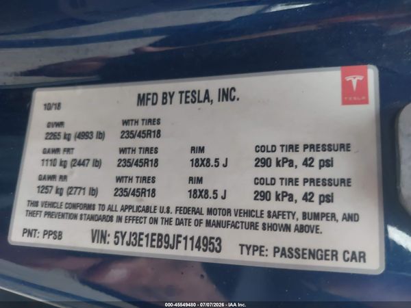 2018 TESLA MODEL 3 LONG RANGE/PERFORMANCE