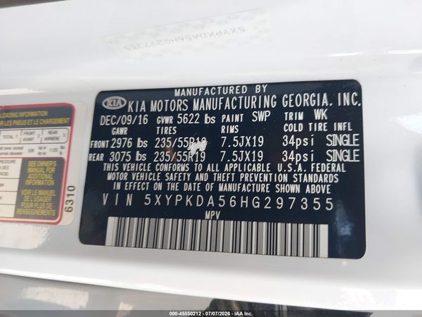 2017 KIA SORENTO 3.3L SXL